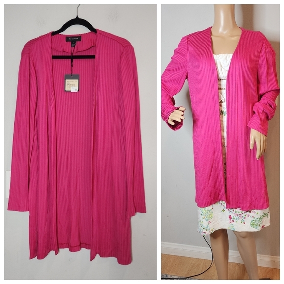 NWT St. John Cherry Pink Viscose Blend Ribbed Stretch Cardigan. Size Large.
